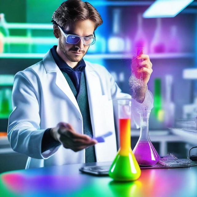 A male model with a sophisticated appearance, dressed in stylish yet practical attire, working as an inventor in a high-tech laboratory