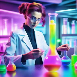 An androgynous inventor working in a futuristic laboratory, holding a beaker filled with a swirling, vibrant rainbow liquid