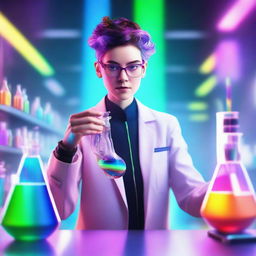 An androgynous inventor working in a futuristic laboratory, holding a beaker filled with a swirling, vibrant rainbow liquid