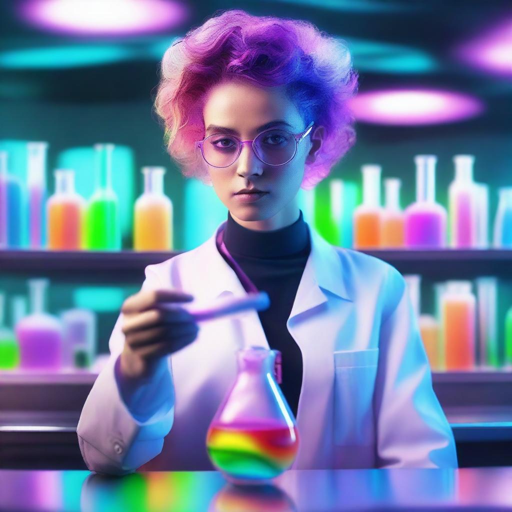 An androgynous inventor working in a futuristic laboratory, holding a beaker filled with a swirling, vibrant rainbow liquid