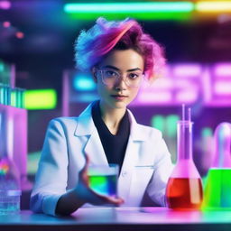 An androgynous inventor working in a futuristic laboratory, holding a beaker filled with a swirling, vibrant rainbow liquid