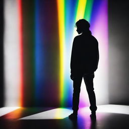 A person standing under a beam of light, with their body displaying a striking combination of black, white, and rainbow colors