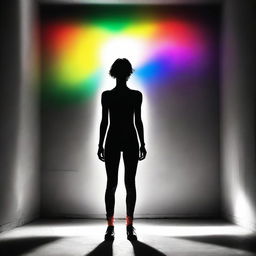 A person standing under a beam of light, with their body displaying a striking combination of black, white, and rainbow colors