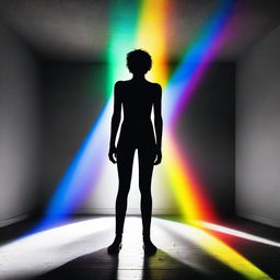 A person standing under a beam of light, with their body displaying a striking combination of black, white, and rainbow colors