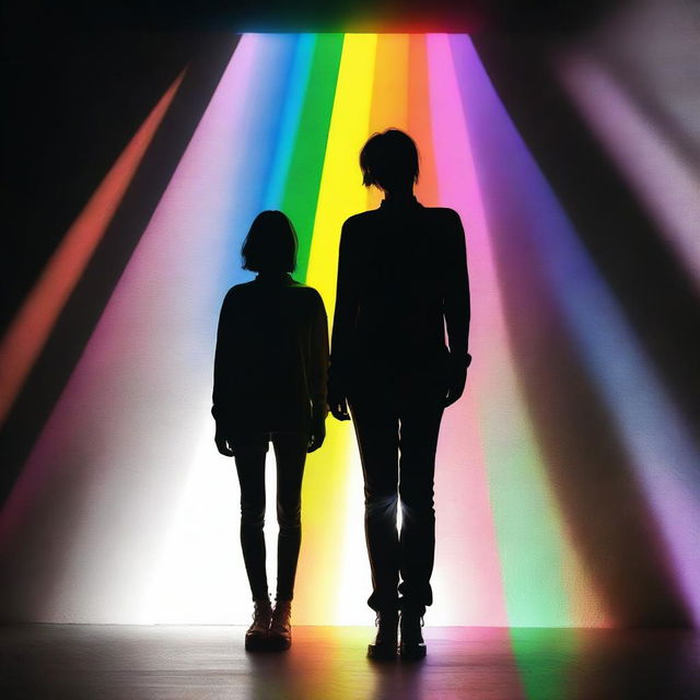 A person standing under a beam of light, with their body displaying a striking combination of black, white, and rainbow colors