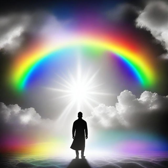 A person standing under a heavenly beam of light, their body displaying a striking combination of black, white, and rainbow colors