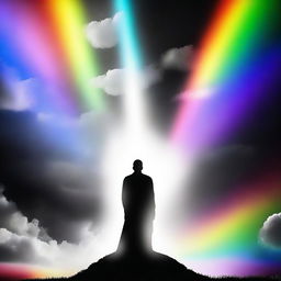 A person standing under a heavenly beam of light, their body displaying a striking combination of black, white, and rainbow colors