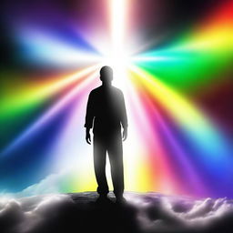 A person standing under a heavenly beam of light, their body displaying a striking combination of black, white, and rainbow colors