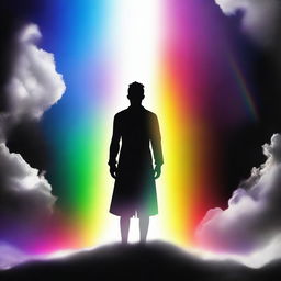 A person standing under a heavenly beam of light, their body displaying a striking combination of black, white, and rainbow colors