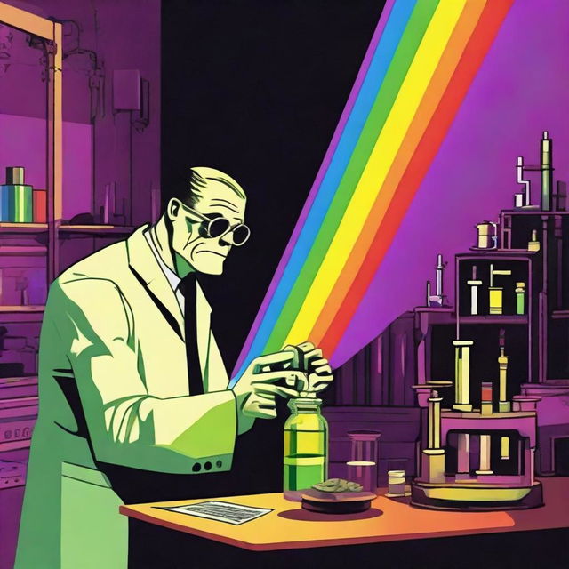 An inventor hurriedly adding a rainbow to Frankenstein's monster at the last minute