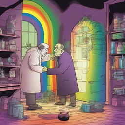 An inventor hurriedly adding a rainbow to Frankenstein's monster at the last minute