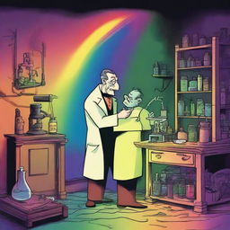 An inventor hurriedly adding a rainbow to Frankenstein's monster at the last minute