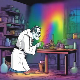 An inventor hurriedly adding a rainbow to Frankenstein's monster at the last minute