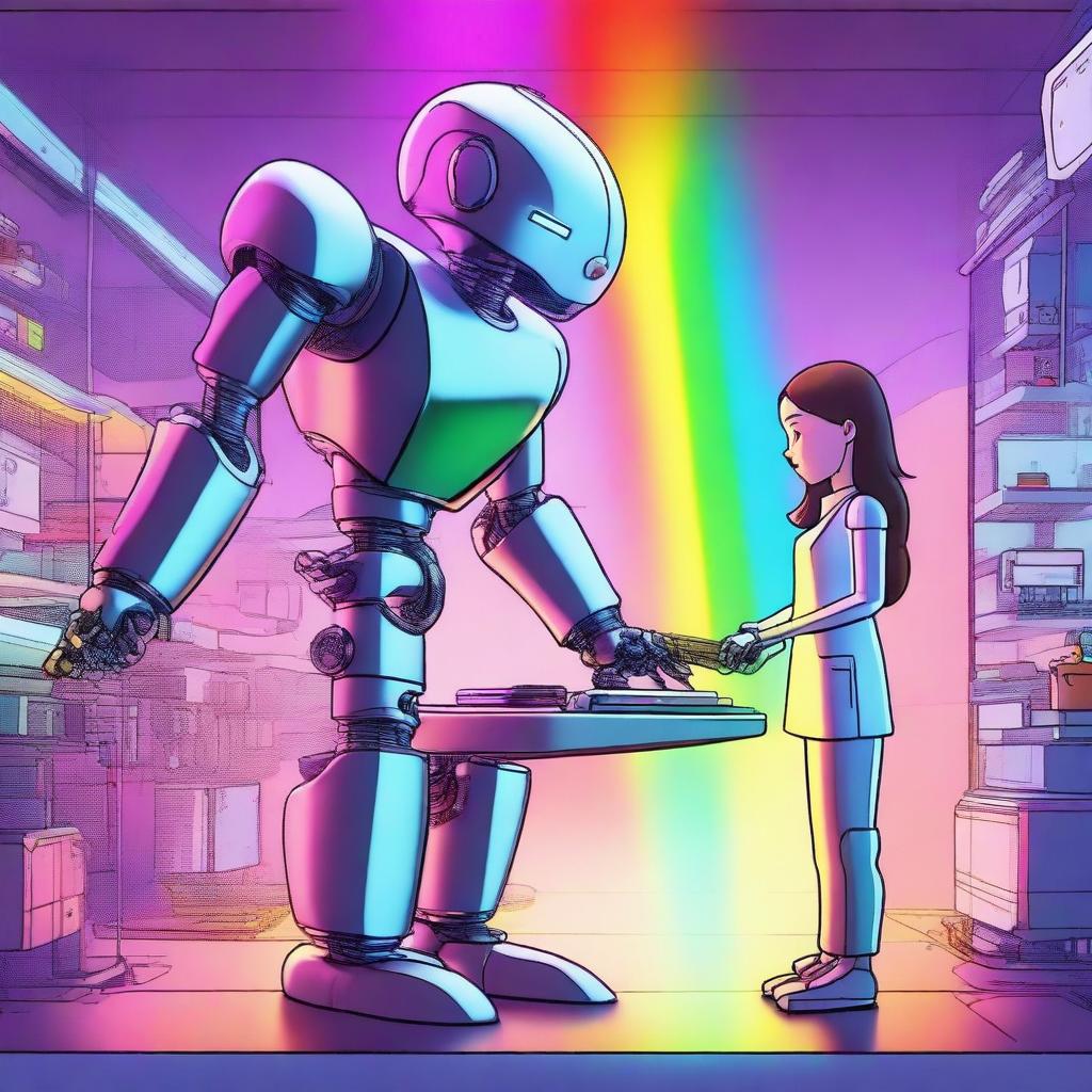 A female inventor hurriedly adding a rainbow to a robot at the last minute