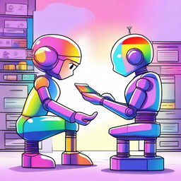 A female inventor hurriedly adding a rainbow to a robot at the last minute