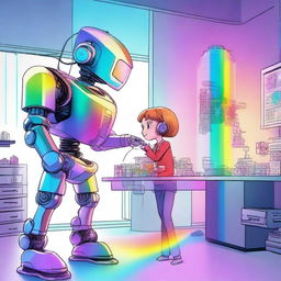 A female inventor hurriedly adding a rainbow to a robot at the last minute