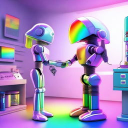 A female inventor hurriedly adding a rainbow to a robot at the last minute