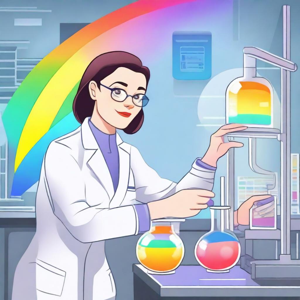 A female inventor hurriedly adding a rainbow to a human clone at the last minute