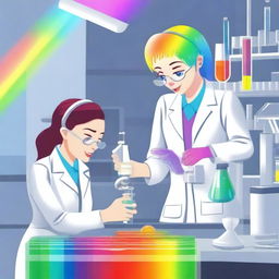 A female inventor hurriedly adding a rainbow to a human clone at the last minute