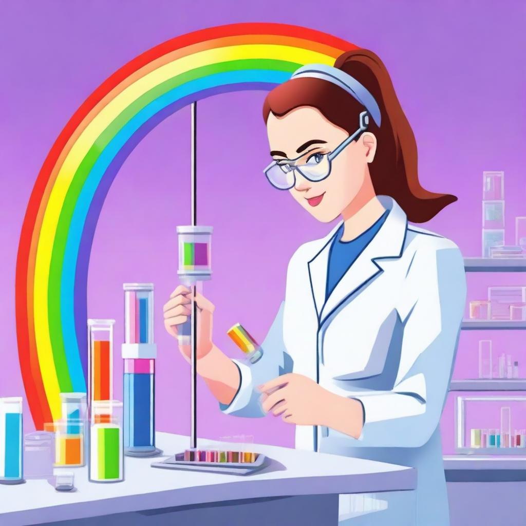 A female inventor hurriedly adding a rainbow to a human clone at the last minute