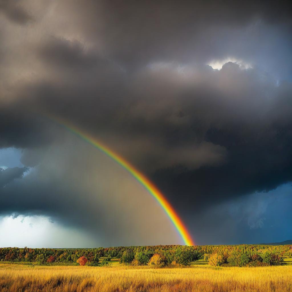 A vivid rainbow breaking through a dark, stormy sky, illuminating the landscape below