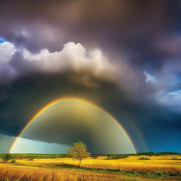 A vivid rainbow breaking through a dark, stormy sky, illuminating the landscape below