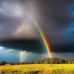 A vivid rainbow breaking through a dark, stormy sky, illuminating the landscape below