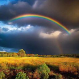 A vivid rainbow breaking through a dark, stormy sky, illuminating the landscape below