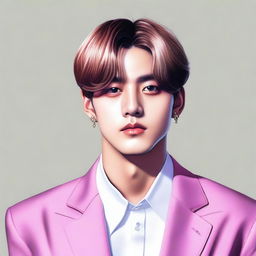 A detailed and realistic portrait of Kim Taehyung, a member of BTS, with a stylish and modern background