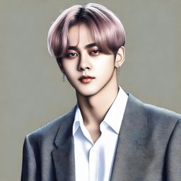 A detailed and realistic portrait of Kim Taehyung, a member of BTS, with a stylish and modern background