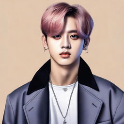 A detailed and realistic portrait of Kim Taehyung, a member of BTS, with a stylish and modern background