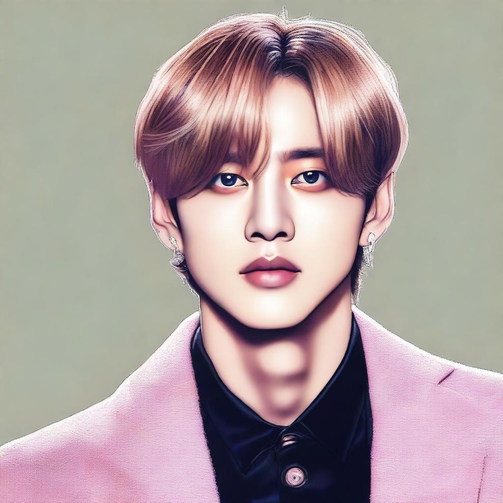 A detailed and realistic portrait of Kim Taehyung, a member of BTS, with a stylish and modern background