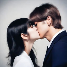 A romantic scene featuring Kim Taehyung, a member of BTS, kissing a dark-haired girl