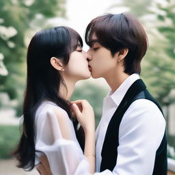 A romantic scene featuring Kim Taehyung, a member of BTS, kissing a dark-haired girl