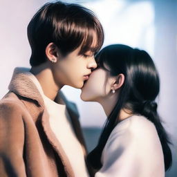 A romantic scene featuring Kim Taehyung, a member of BTS, kissing a dark-haired girl