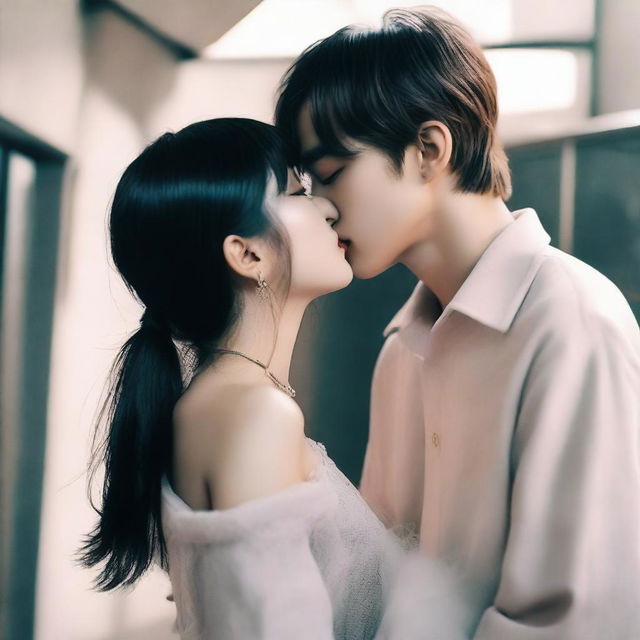 A romantic scene featuring Kim Taehyung, a member of BTS, kissing a dark-haired girl