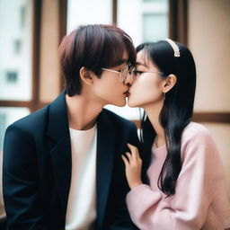 A romantic scene featuring Kim Taehyung, a member of BTS, kissing a dark-haired girl with glasses