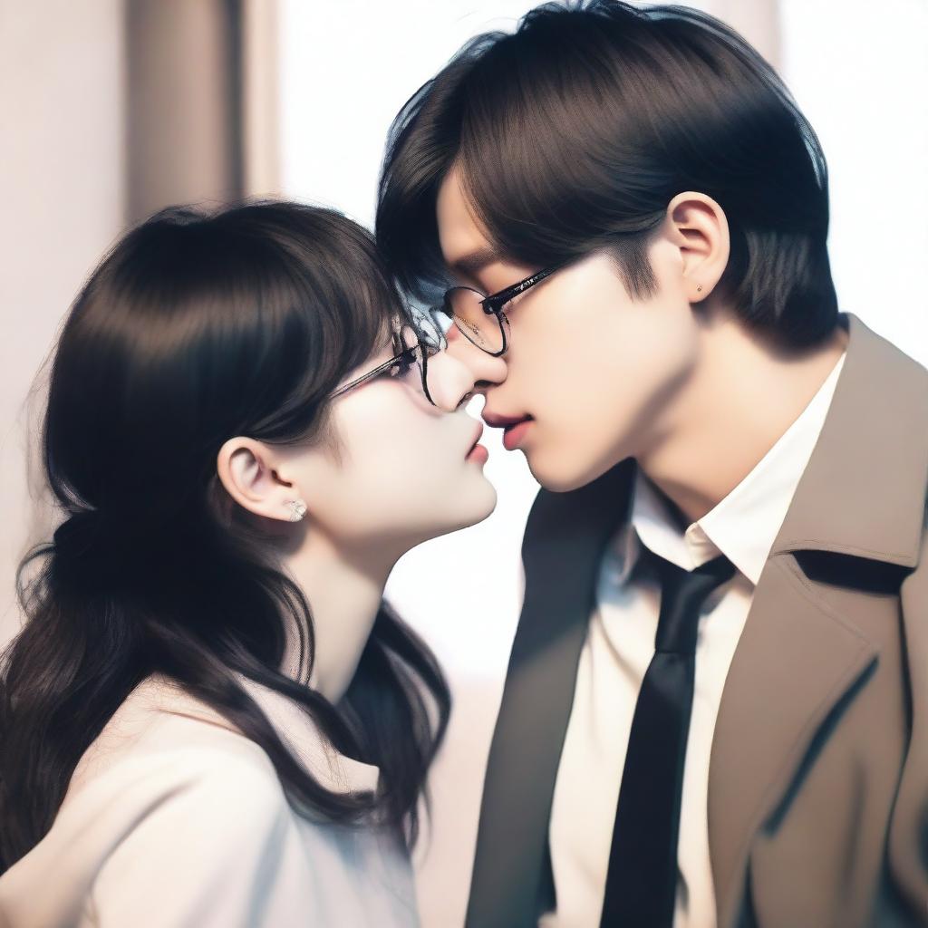 A romantic scene featuring Kim Taehyung, a member of BTS, kissing a dark-haired girl with glasses