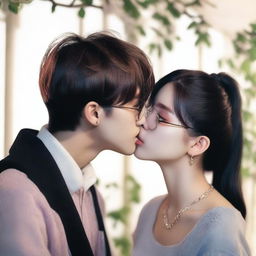 A romantic scene featuring Kim Taehyung, a member of BTS, kissing a dark-haired girl with glasses