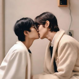 A romantic scene featuring Kim Taehyung, a member of BTS, kissing a dark-haired girl with glasses