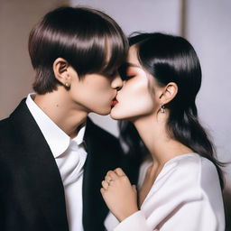 A romantic and intimate scene featuring Kim Taehyung, a member of BTS, kissing a dark-haired girl's chest