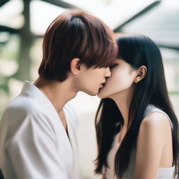 A romantic and intimate scene featuring Kim Taehyung, a member of BTS, kissing a dark-haired girl's chest