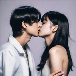 A romantic and intimate scene featuring Kim Taehyung, a member of BTS, kissing a dark-haired girl's chest