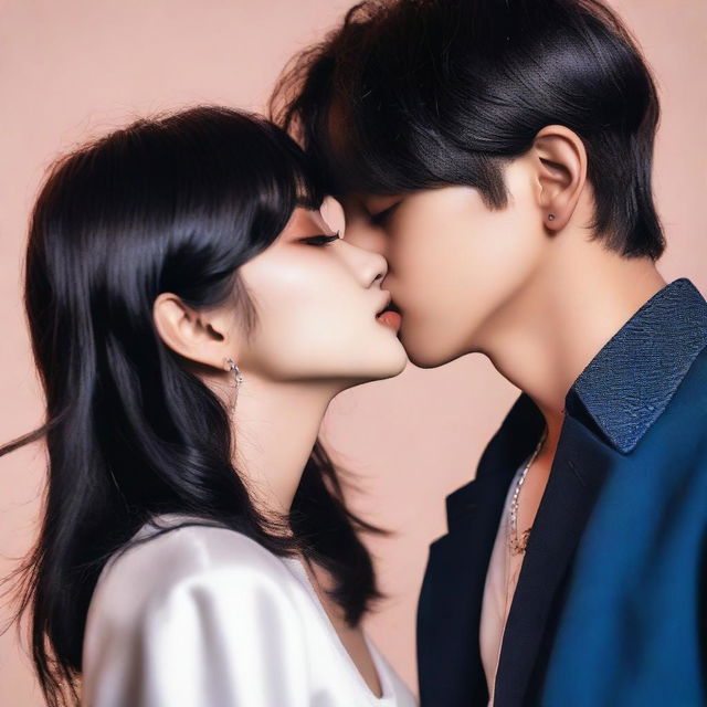 A romantic and intimate scene featuring Kim Taehyung, a member of BTS, kissing a dark-haired girl's chest