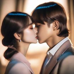 A romantic scene featuring Kim Taehyung gently kissing a girl on the neck