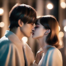 A romantic scene featuring Kim Taehyung gently kissing a girl on the neck