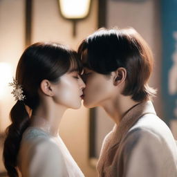 A romantic scene featuring Kim Taehyung gently kissing a girl on the neck