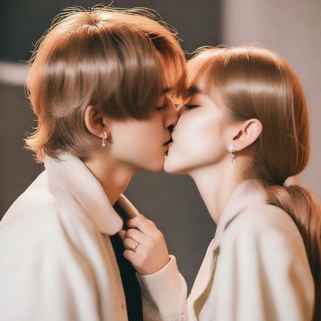 Kim Taehyung, a popular South Korean singer and member of BTS, gently kisses a Caucasian girl on the neck