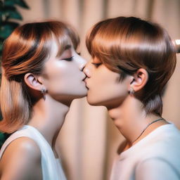 Kim Taehyung, a popular South Korean singer and member of BTS, gently kisses a Caucasian girl on the neck