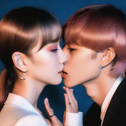 Kim Taehyung, a popular South Korean singer and member of BTS, gently kisses a Caucasian girl on the neck